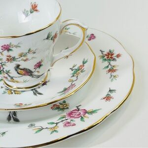 Vintage Rare Merrie England Floral Bird 3-Pc Set Cup Saucer Side Plate 8” #185